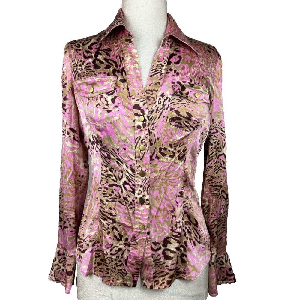 Vtg Cache Blouse Women S Pink Animal Print Silk Snap Button Fitted Y2K Party Top